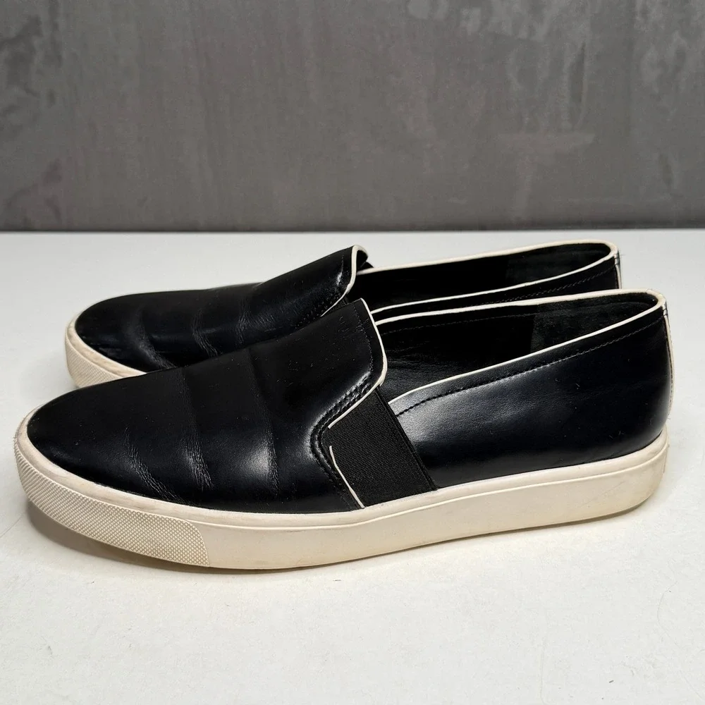Vince Blair Slip On Sneakers Womens 7 Black‎ Leather Contrast Trim Flat Shoes